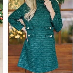 Elegant Green Long Sleeve Tweed Dress